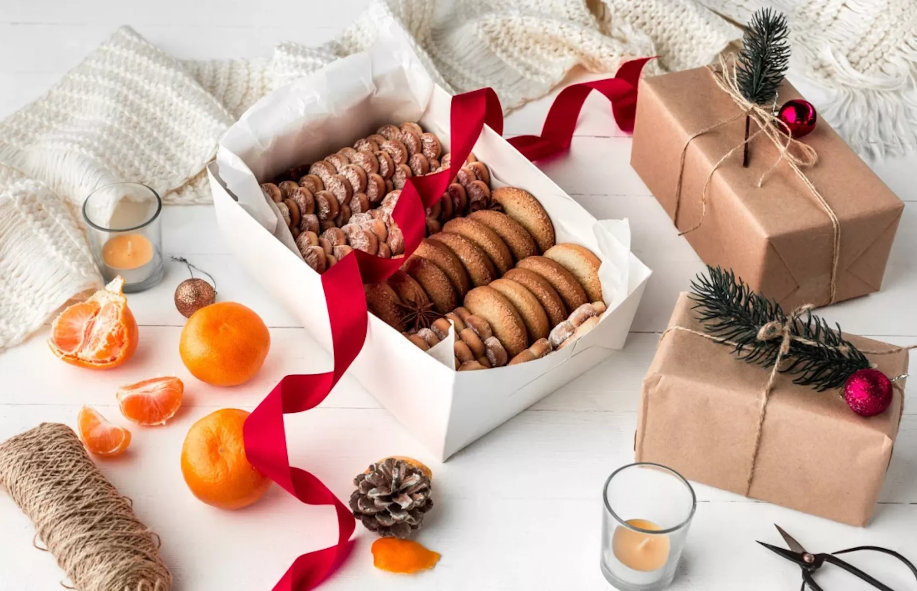 Печенье в коробке и мандарины