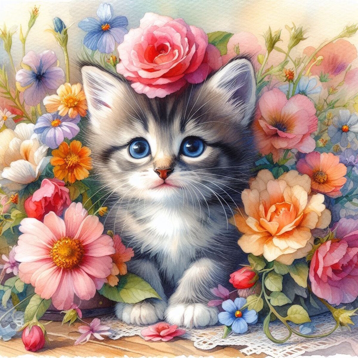 Котенок и красивые цветы