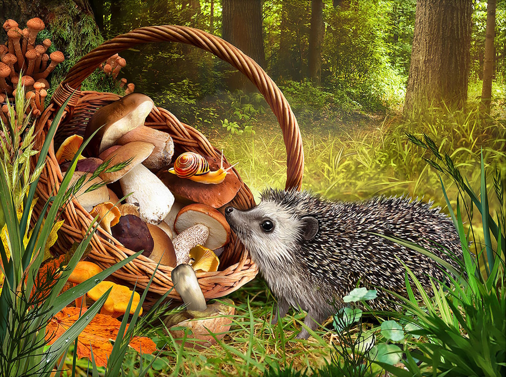 Ежик и корзина с грибами