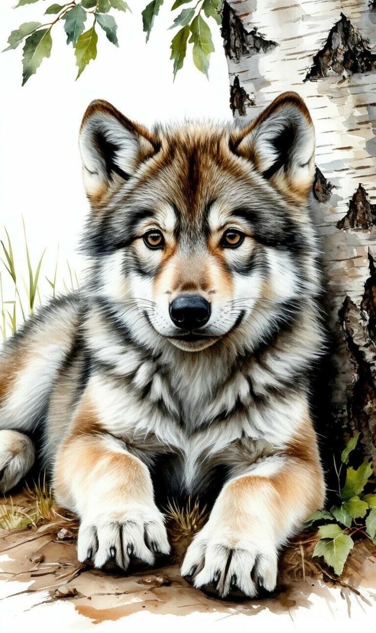 Волк у березы