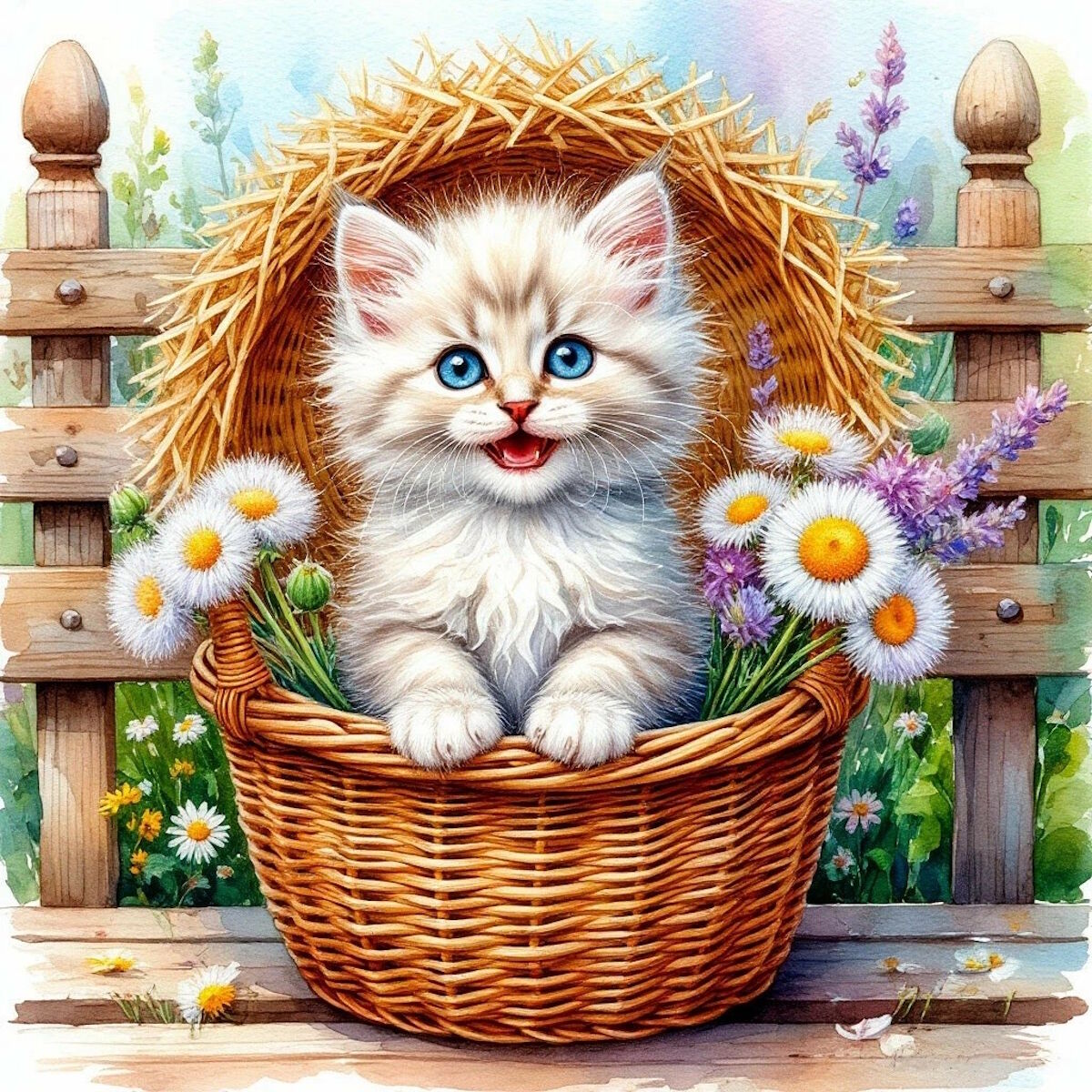 Котенок в корзинке и цветы