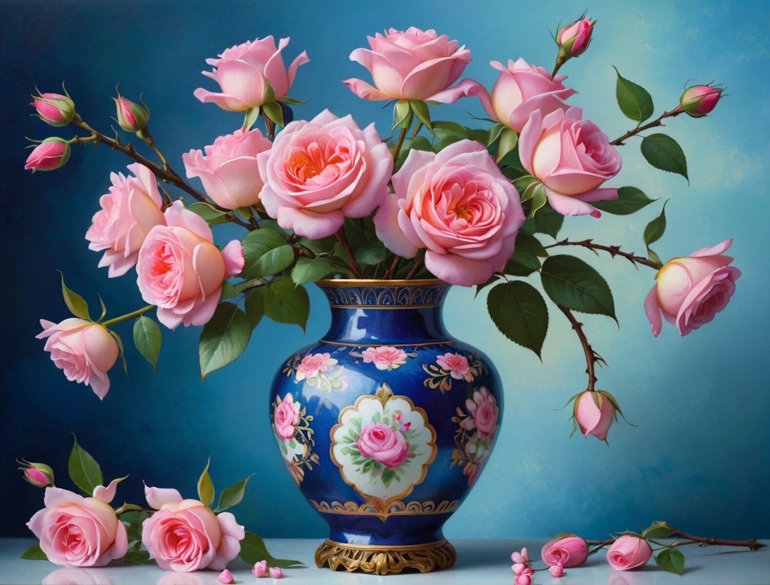 Розовые розы в кувшине