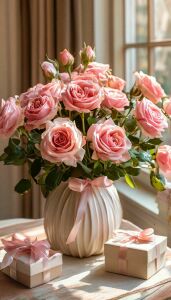 Букет роз и подарочные коробочки