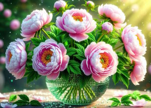 Пионы в зеленой вазе
