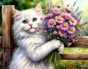 Белая кошка с букетом