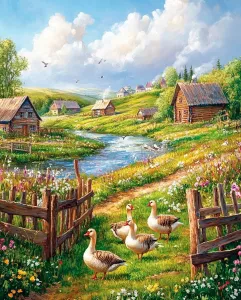 Деревенские гуси у забора