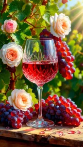 Вино в бокале и розы на лозе