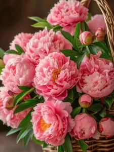 Розовые пионы в корзине