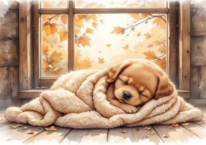 Спящий щенок в одеяле