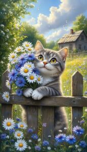 Кот с букетом