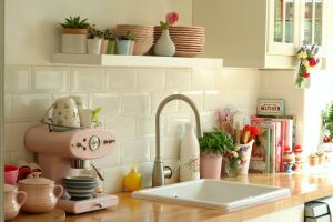 Кухня с розовыми тарелками