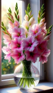 Розовые гладиолусы на окне