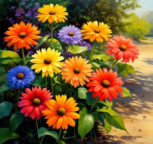 Цветы разноцветные на клумбе