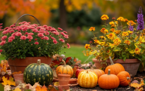 Цветы в горшках и тыковки