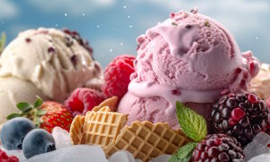 Мороженое с вафлями и ягодами