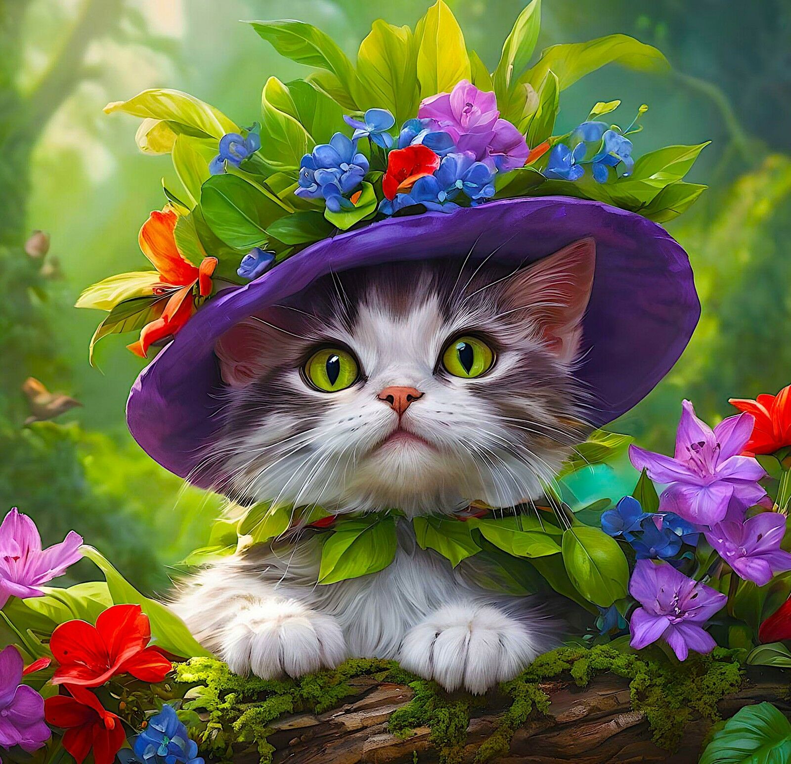 Кошка в шляпке с цветами