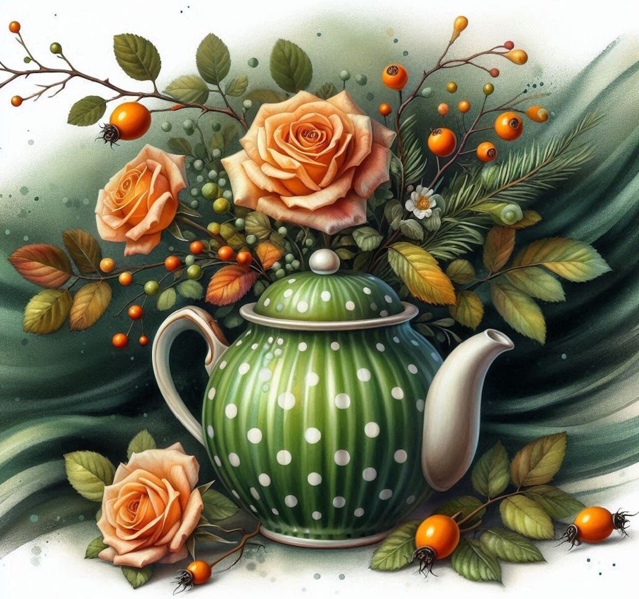 Зеленый чайник и розы
