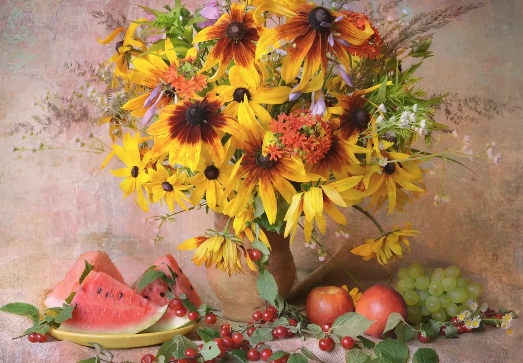 Арбуз и букет