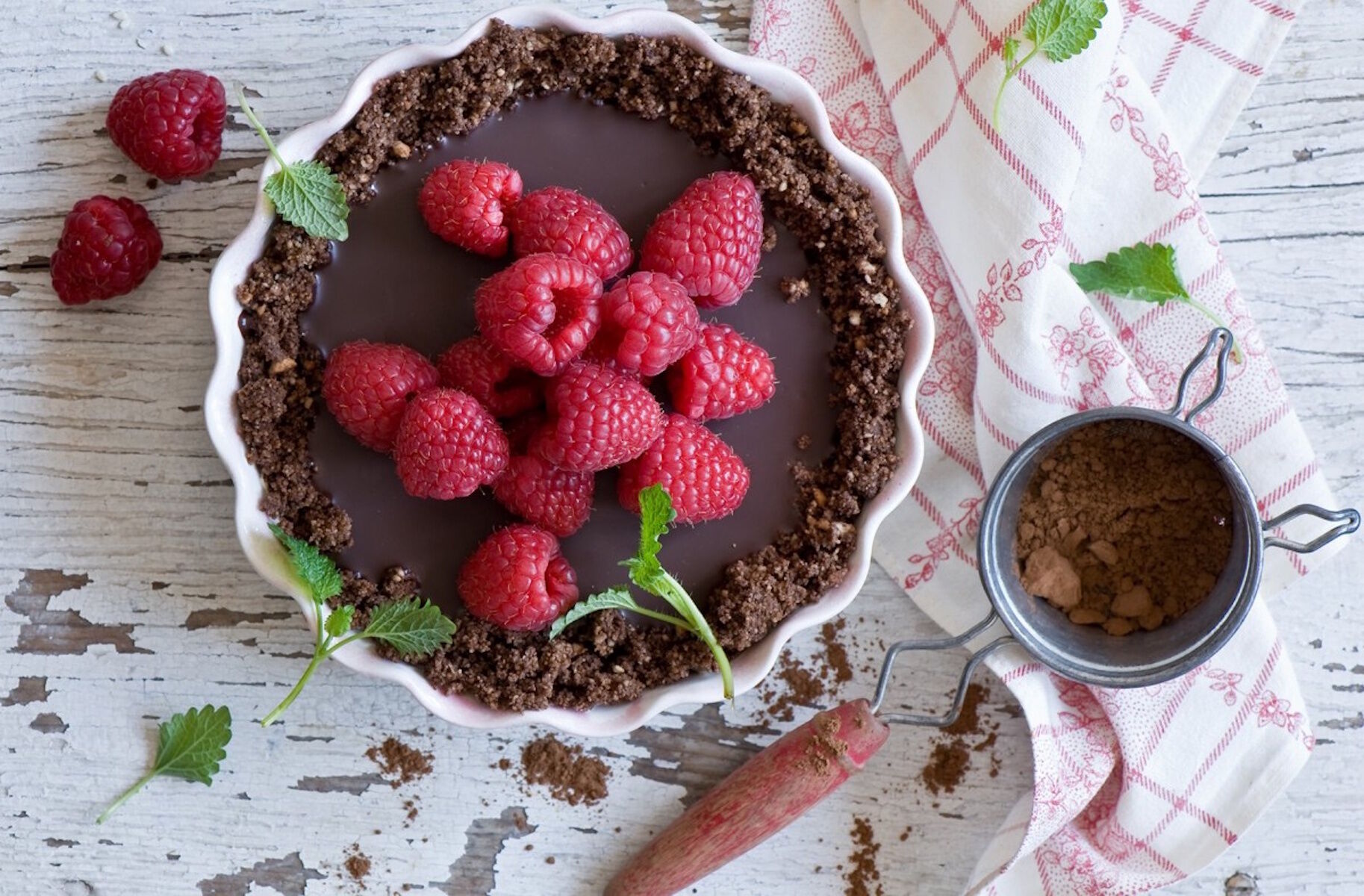 Шоколадный десерт и малина