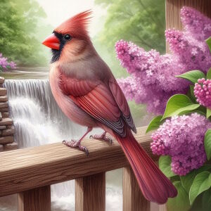 Красный кардинал и сирень