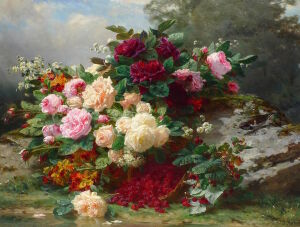 Цветы и малина в корзинке