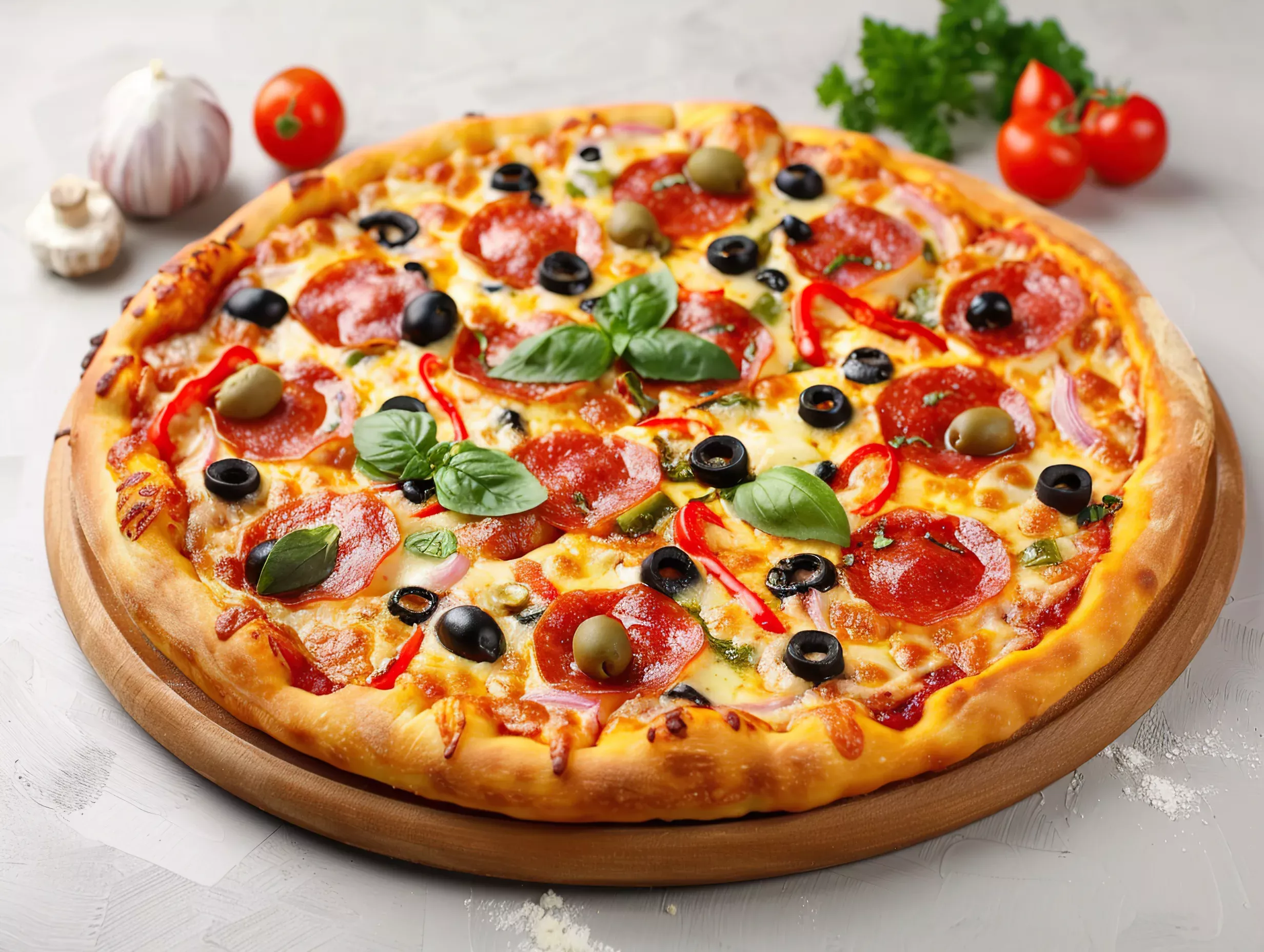 Пицца с зеленью и маслинами