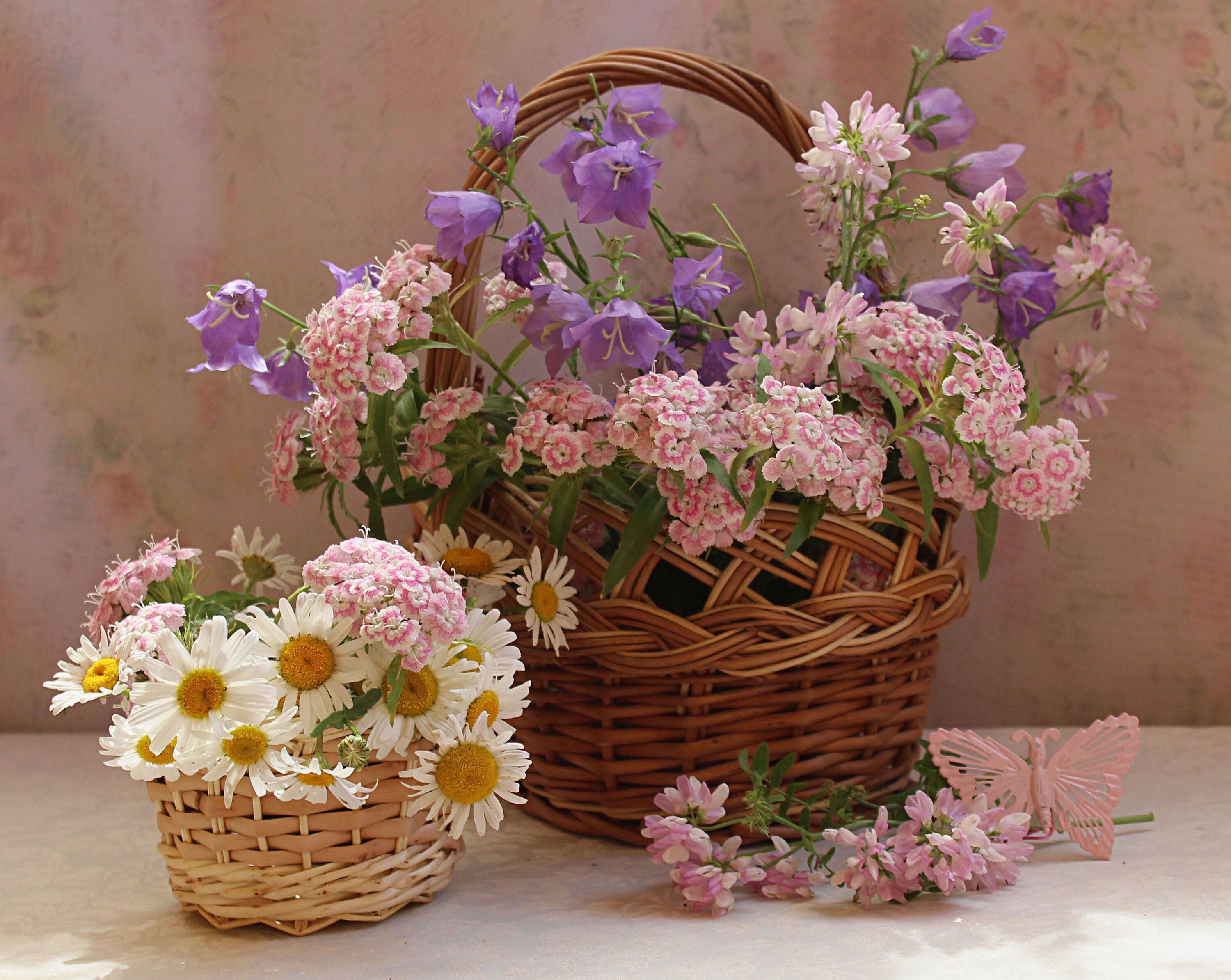 Ромашки и колокольчики в корзинках