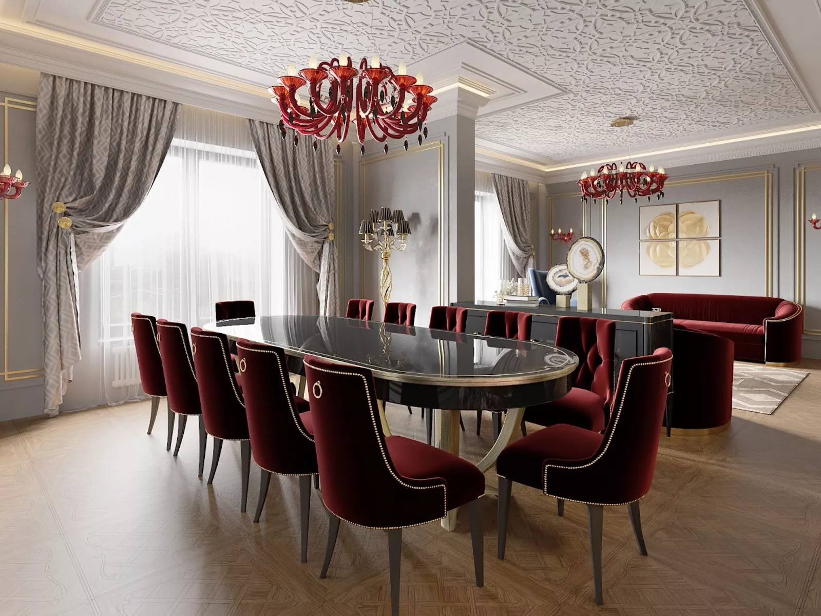 Бордовые стулья и диваны