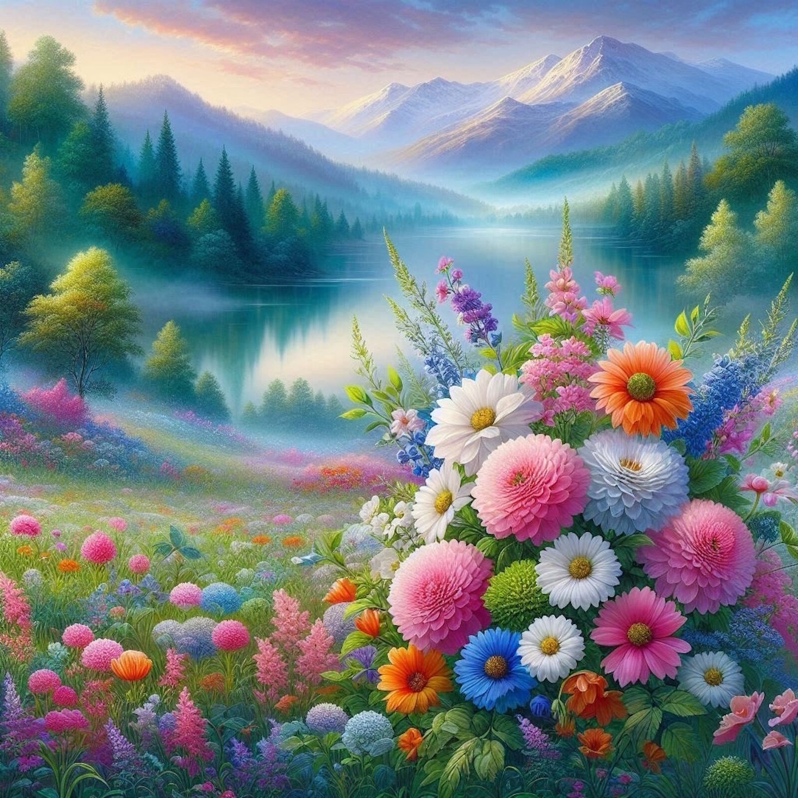 Цветы, река и горы