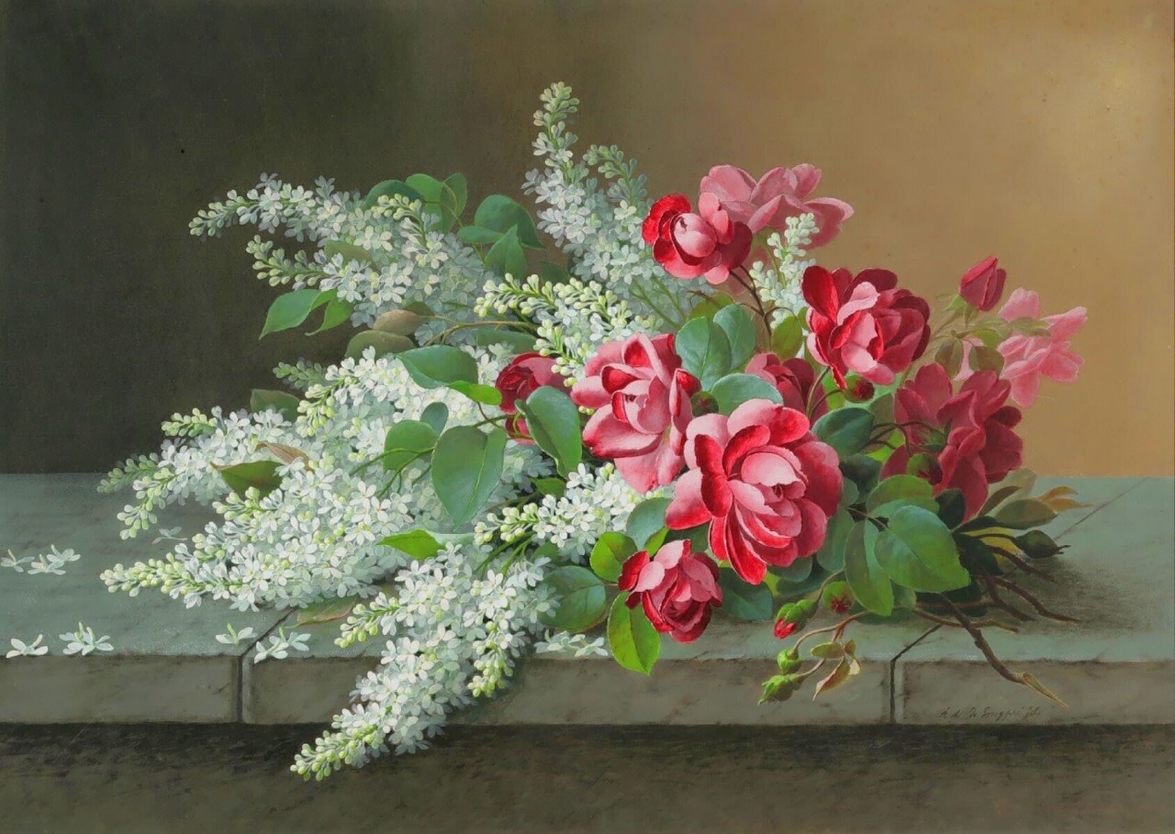 Белая сирень и розы