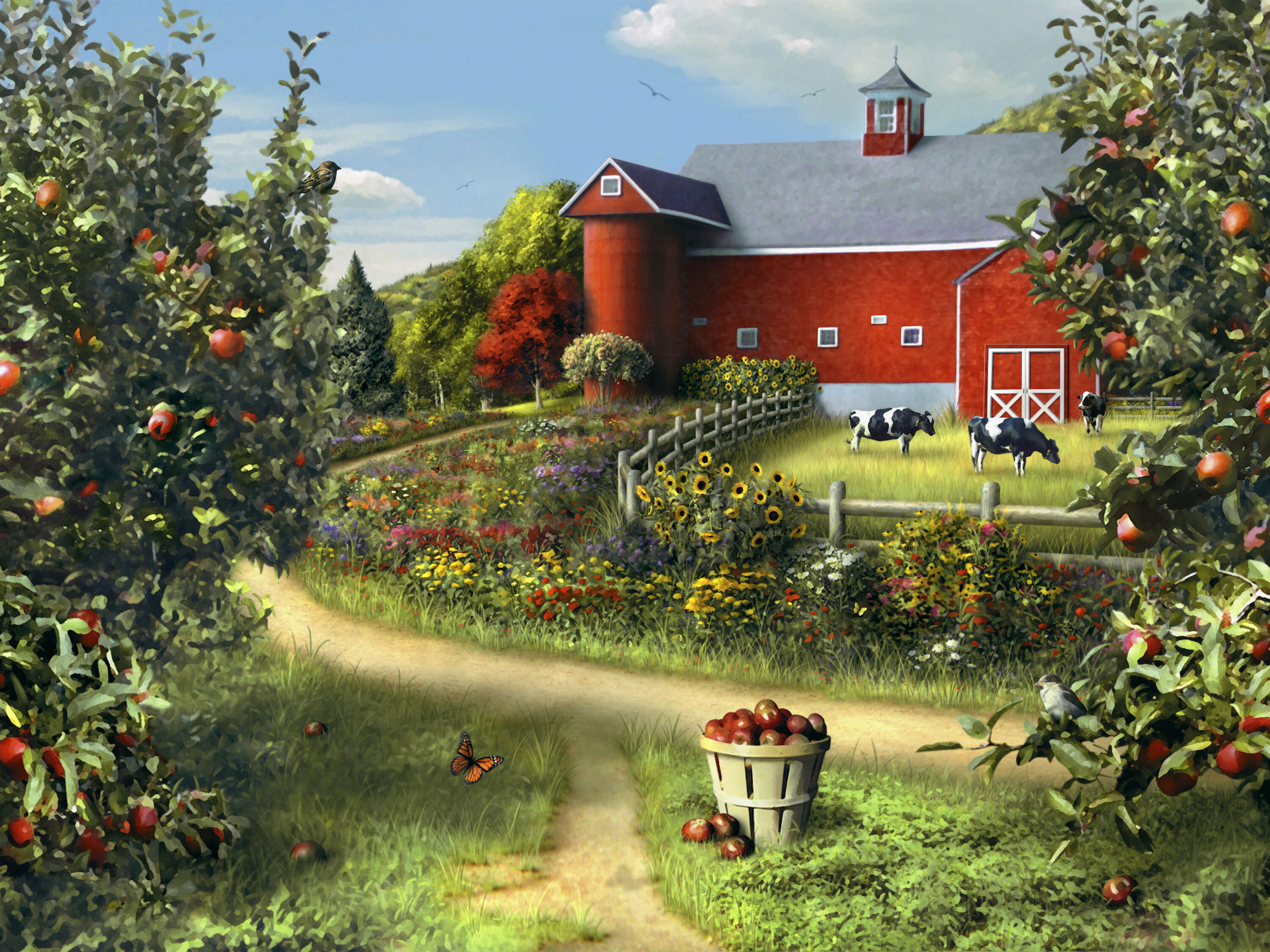 Яблоки, ферма и коровы