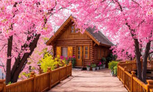 Домик и цветущие деревья