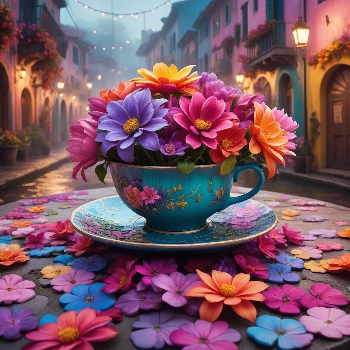 Цветы в чашке на улице