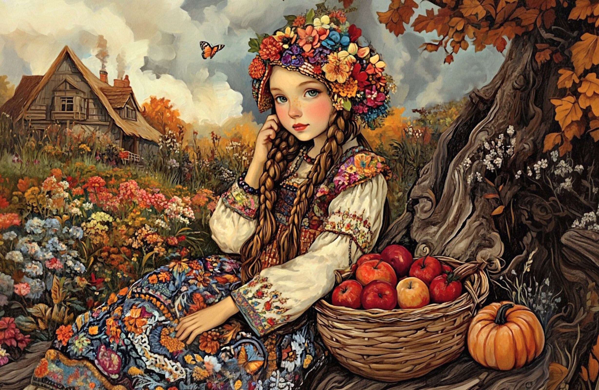 Девочка в цветах с яблоками