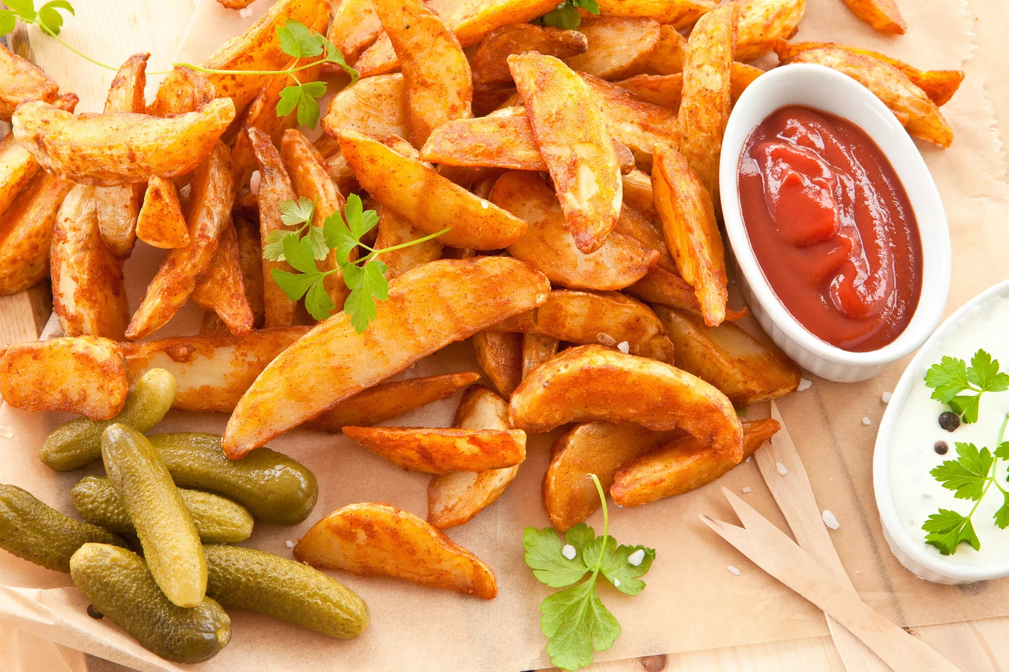 Картошка, соус и огурчики