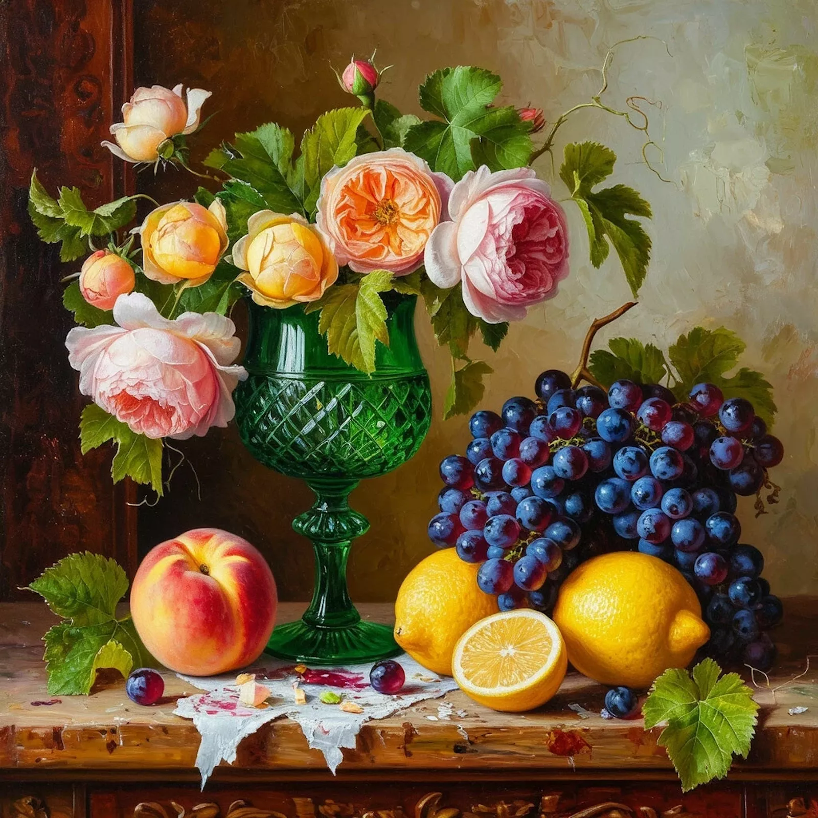 Букет роз и гроздь винограда