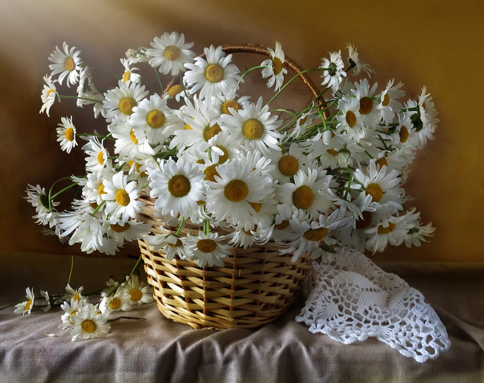 Корзинка ромашек на столе