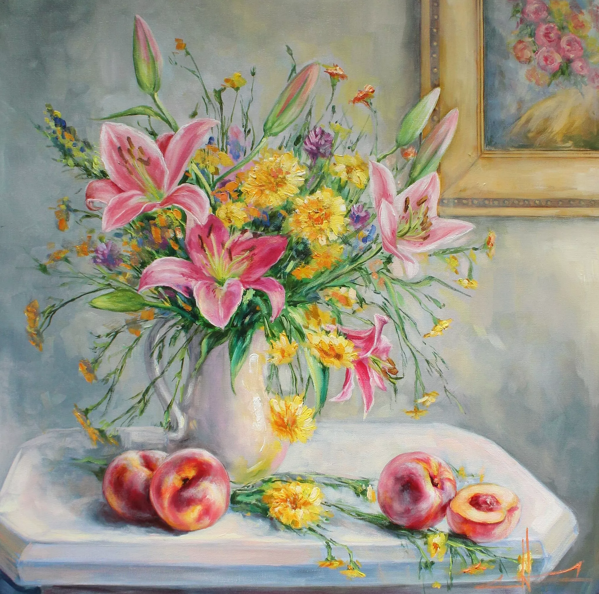 Букет с лилиями и персики