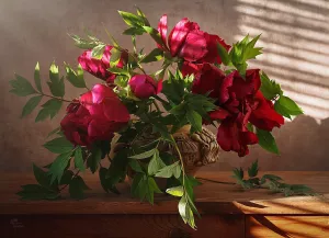 Букет пионов на комоде