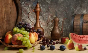 Кувшины, фрукты, бочки