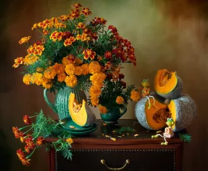 Цветы, тыква и лягушки