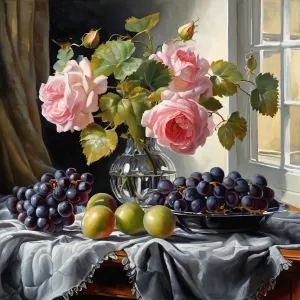 Розовые розы в вазе и виноград