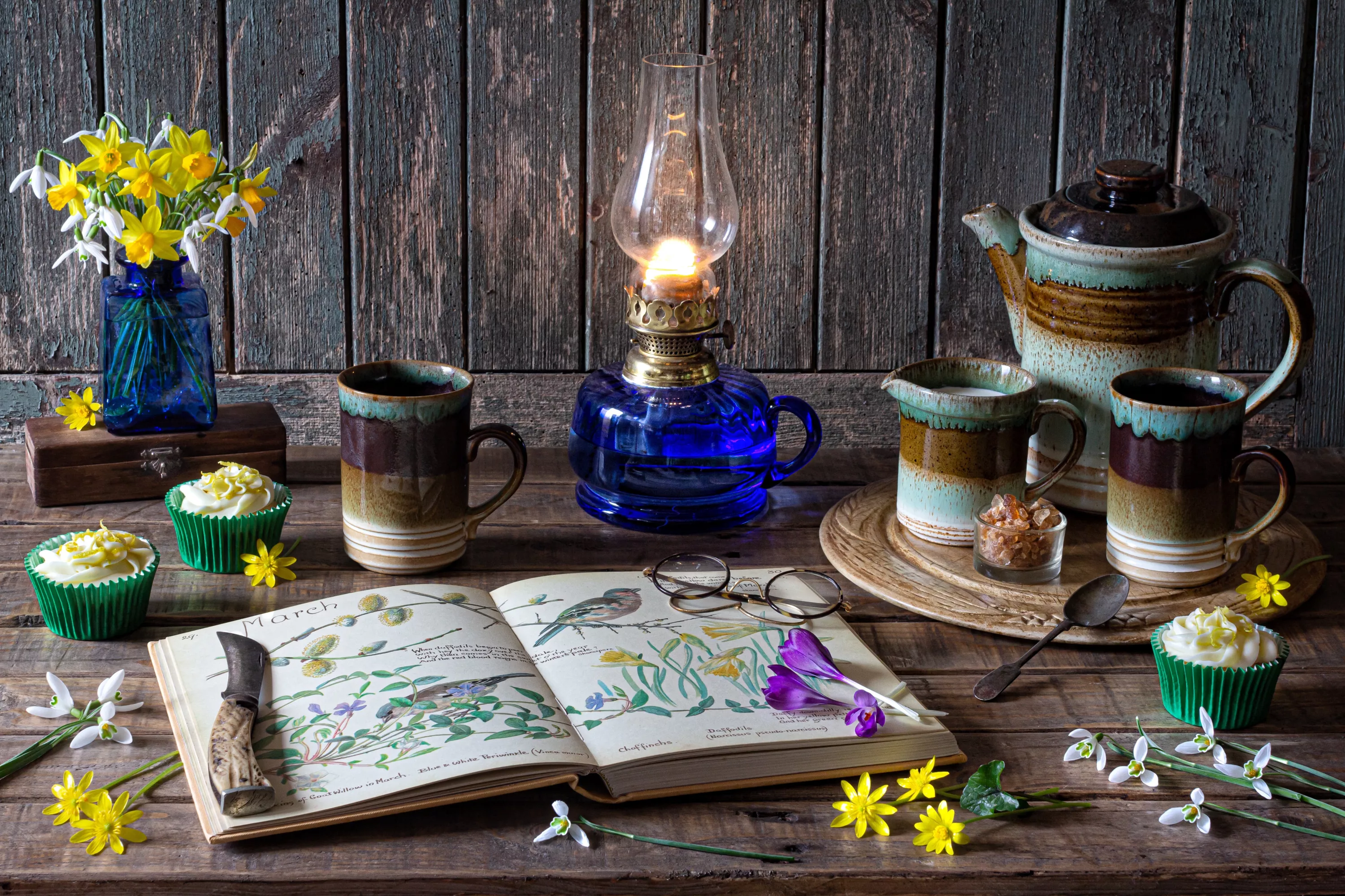 Лампа, цветы и книга