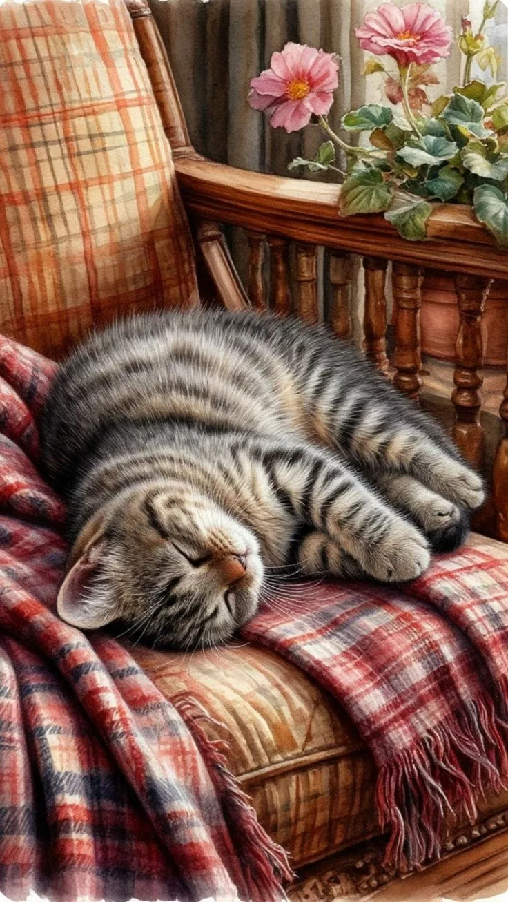 Кот спит на диване