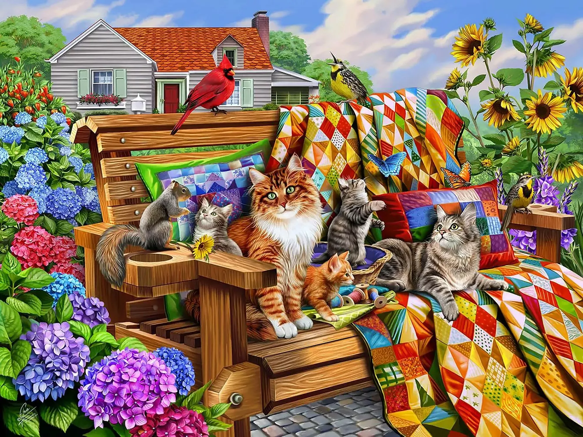 Кошки на скамейке