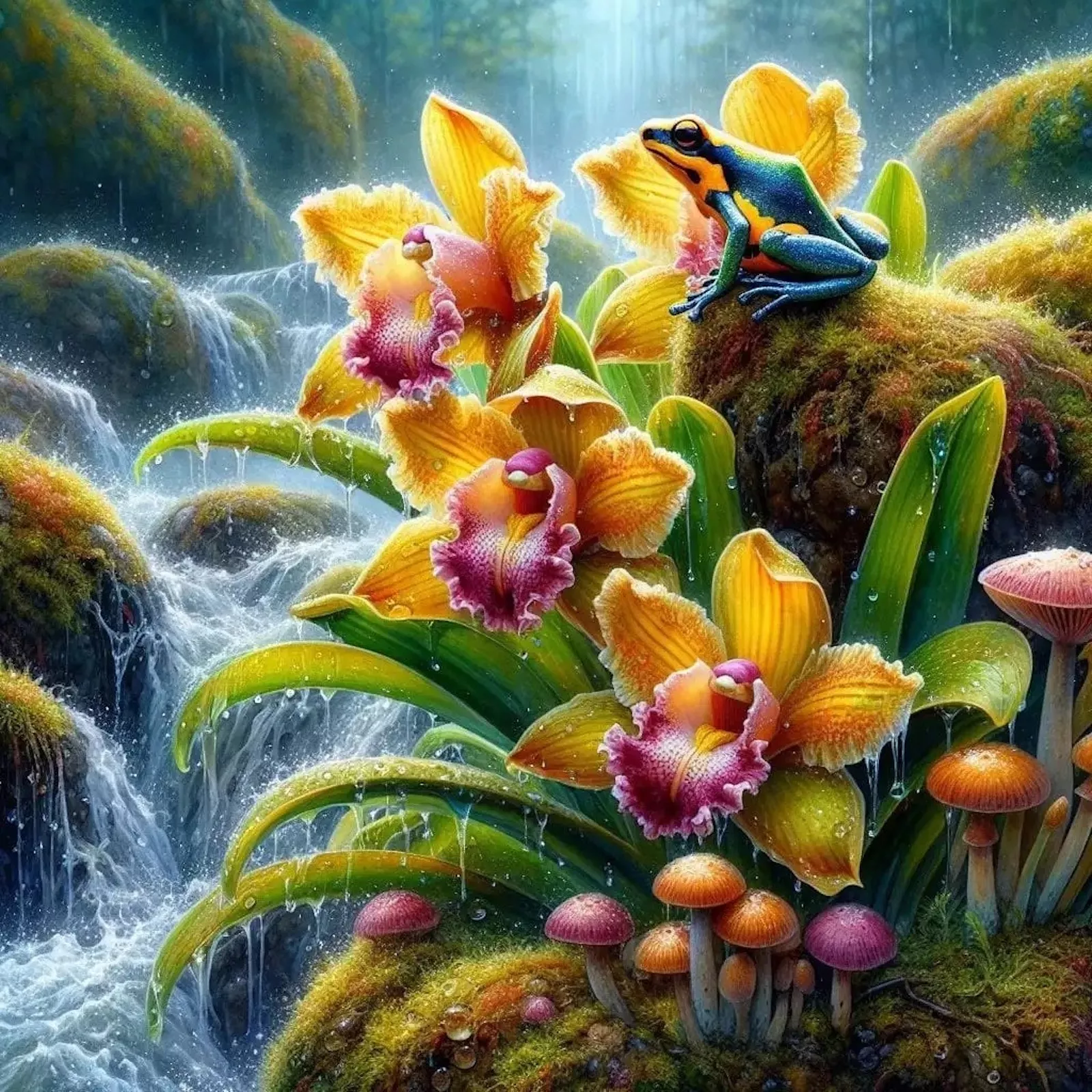 Лягушка, цветы, грибы