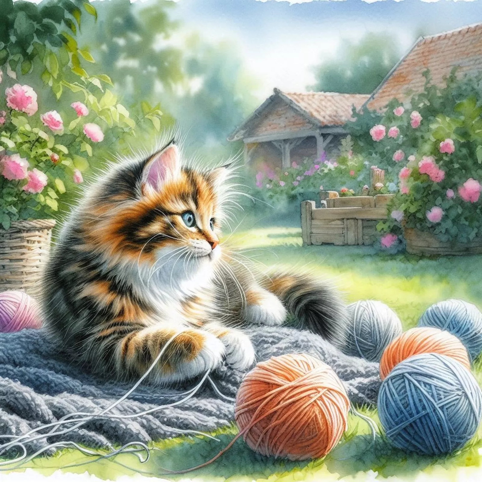 Кошка, клубки и сад