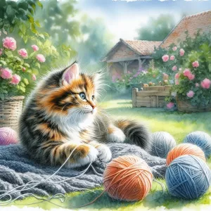 Кошка, клубки и сад