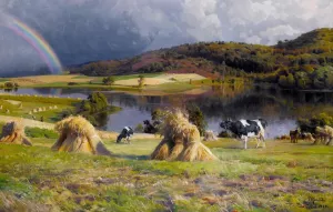 Радуга, поле и коровы