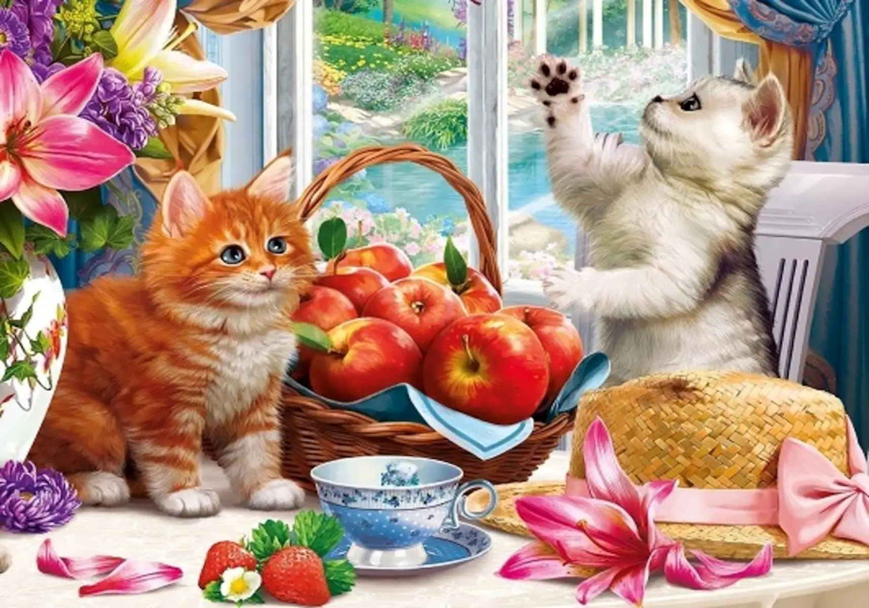 Два котенка и яблоки